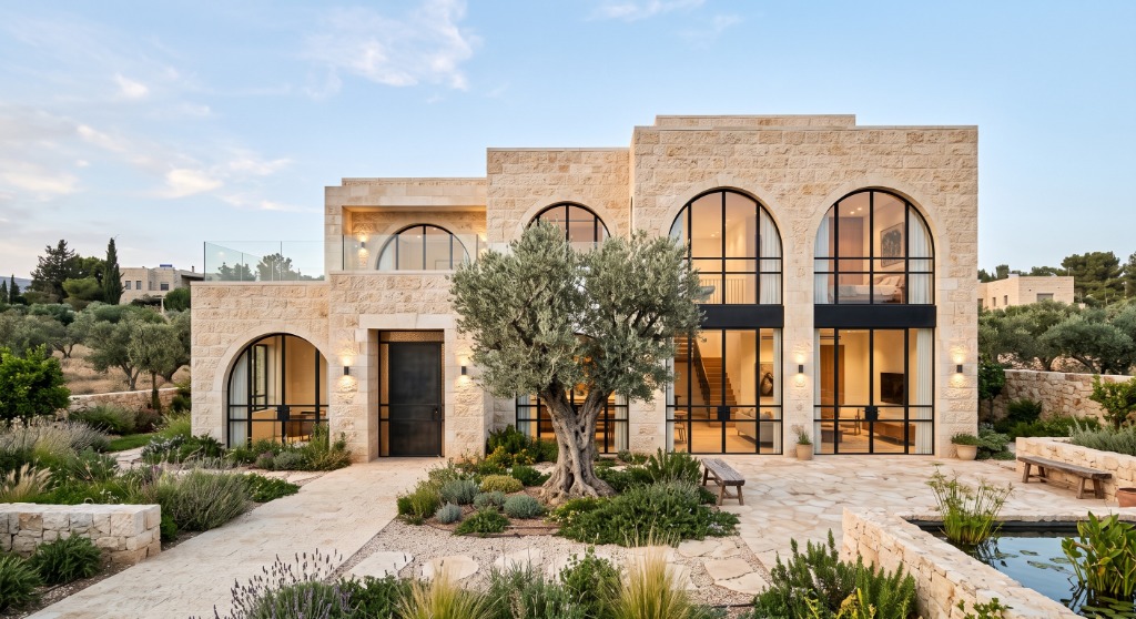 Casa de piedra con ventanas en arco, un olivo y jardín